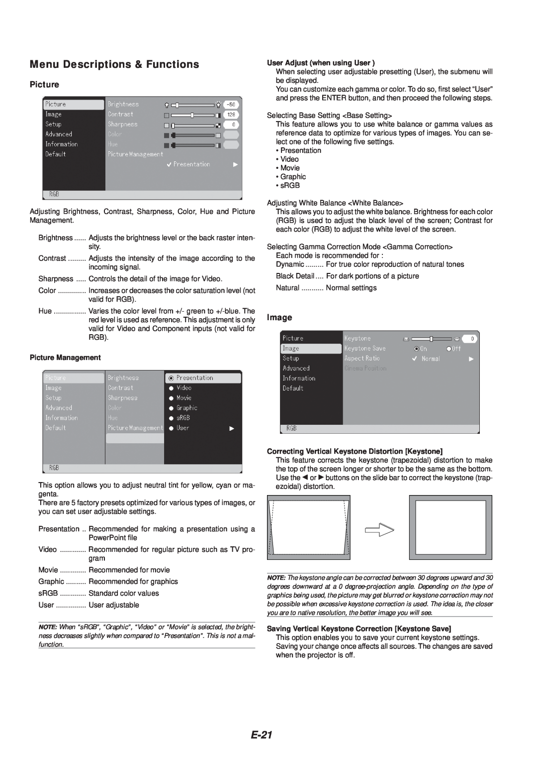 NEC VT46 user manual Menu Descriptions & Functions, E-21, Image, Picture Management, User Adjust when using User 