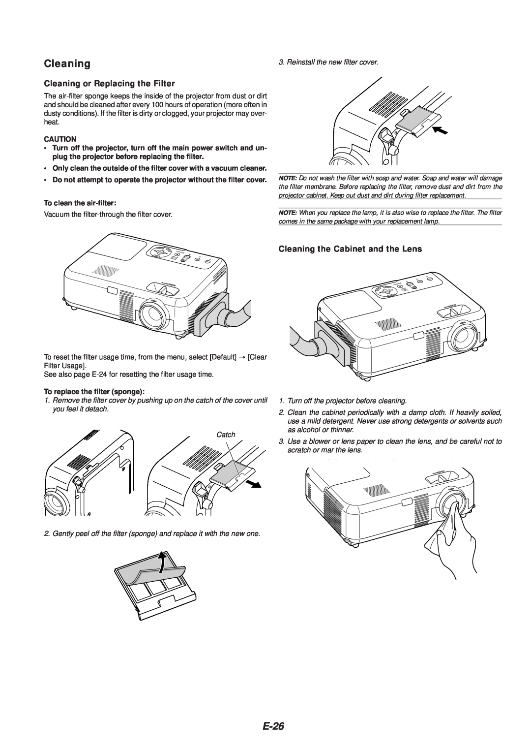 NEC VT46 user manual E-26, Cleaning or Replacing the Filter, Cleaning the Cabinet and the Lens, To clean the air-filter 