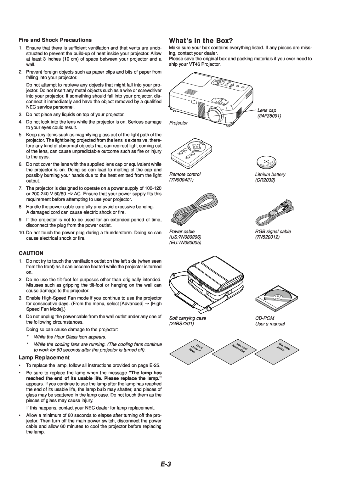 NEC VT46 user manual Whats in the Box?, Fire and Shock Precautions, Lamp Replacement 