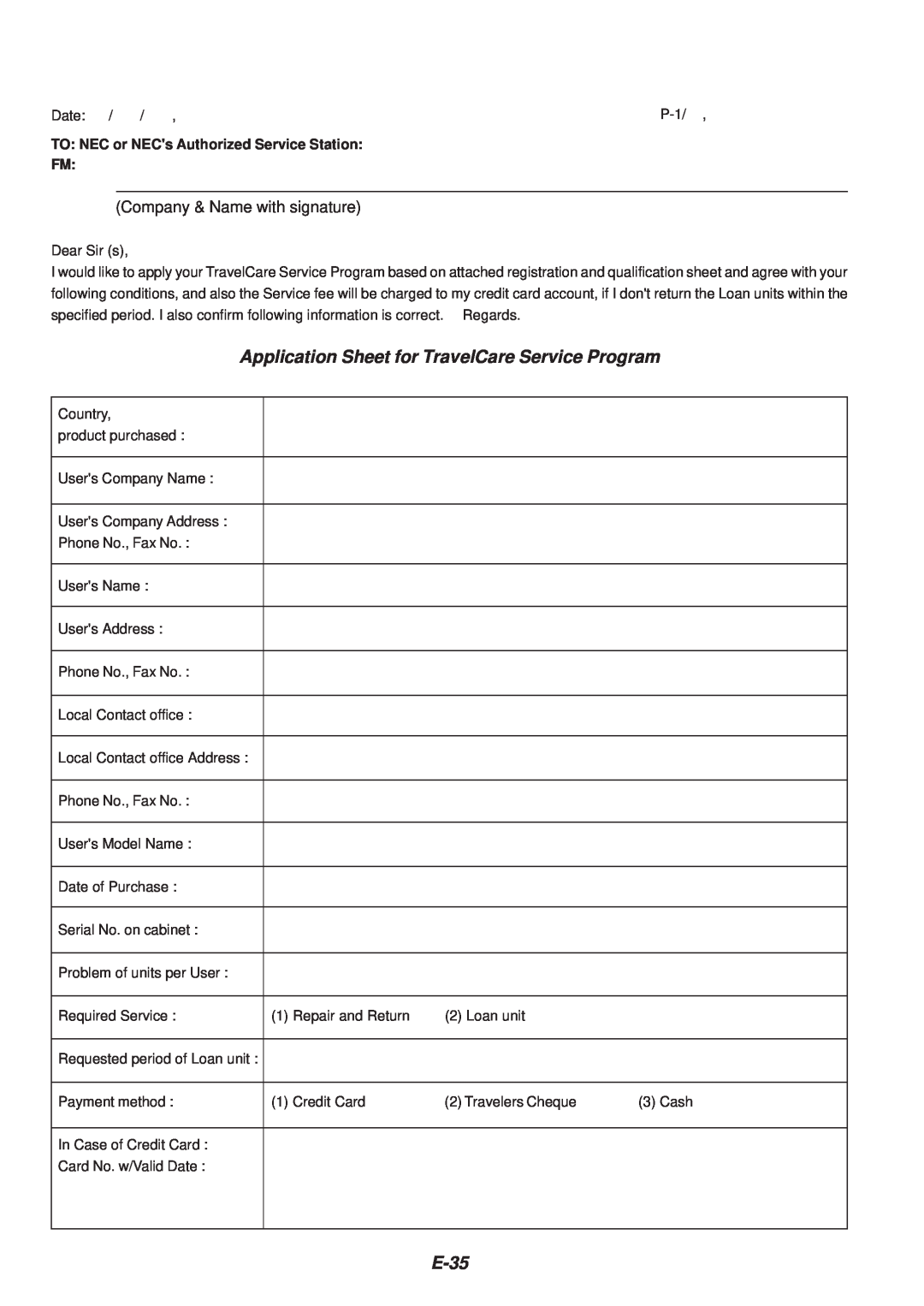 NEC VT46 user manual Application Sheet for TravelCare Service Program, E-35, Company & Name with signature 