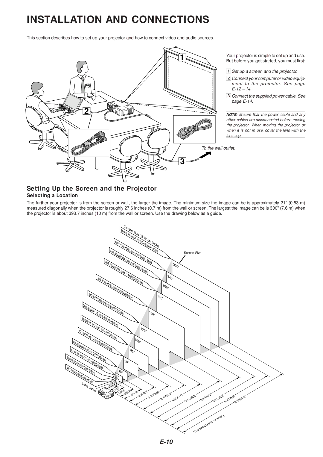 NEC VT46 user manual Installation and Connections, Setting Up the Screen and the Projector, Selecting a Location 