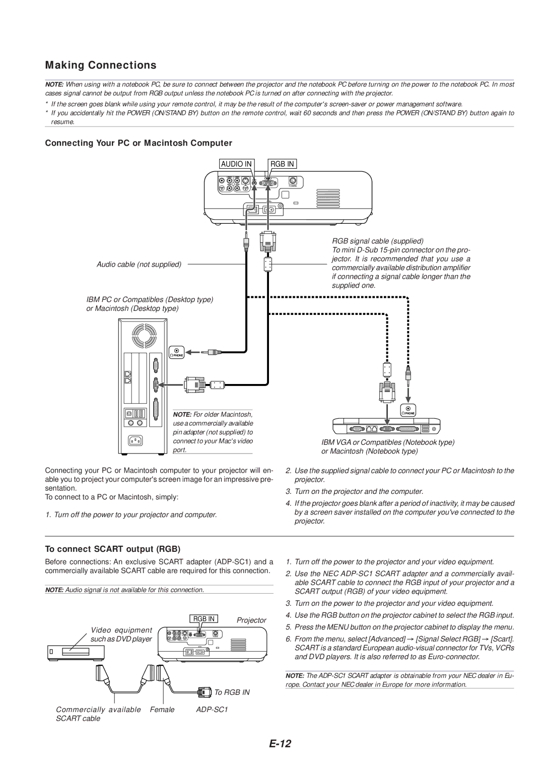 NEC VT46 user manual Making Connections, Connecting Your PC or Macintosh Computer, To connect Scart output RGB 