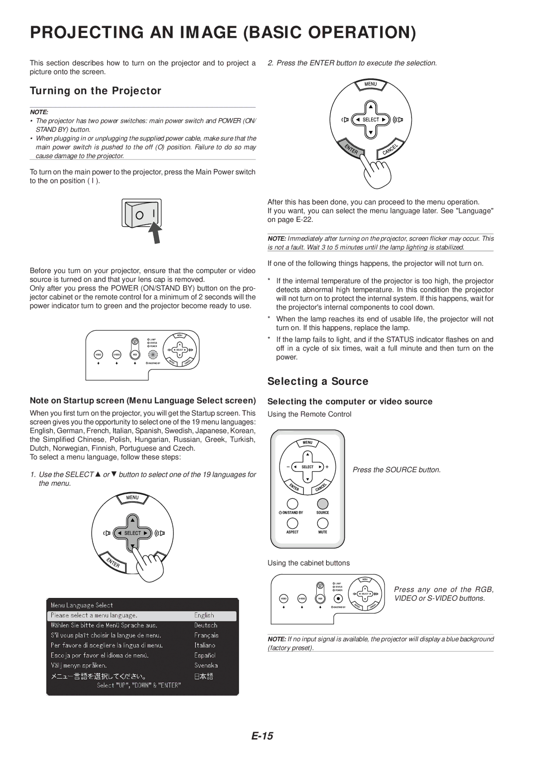 NEC VT46 user manual Projecting AN Image Basic Operation, Turning on the Projector, Selecting a Source 