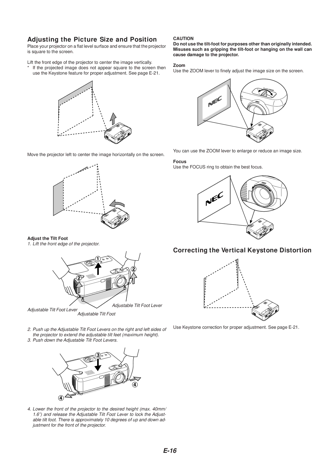 NEC VT46 Adjusting the Picture Size and Position, Correcting the Vertical Keystone Distortion, Adjust the Tilt Foot, Focus 