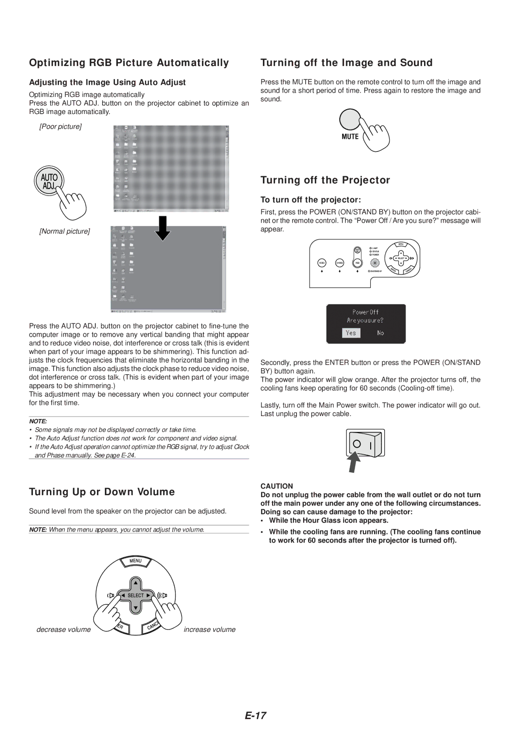 NEC VT46 user manual Turning off the Projector, Turning Up or Down Volume, Adjusting the Image Using Auto Adjust 