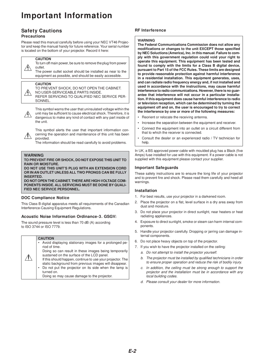 NEC VT46 user manual Safety Cautions 