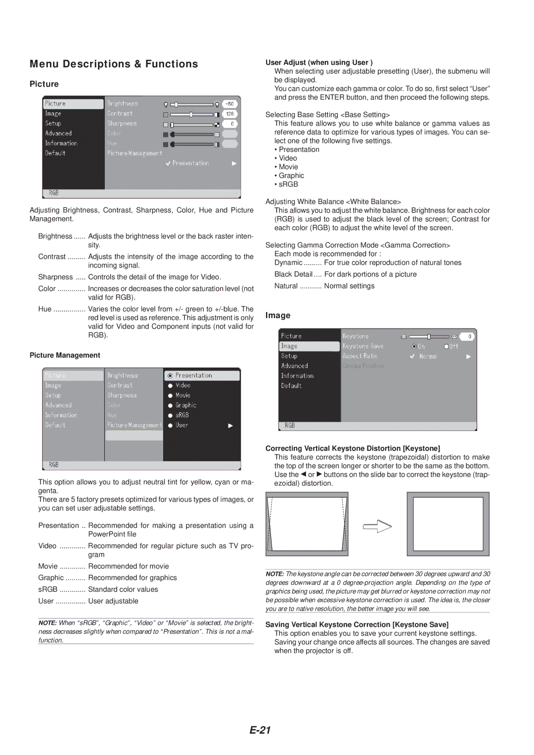 NEC VT46 user manual Menu Descriptions & Functions, Picture, Image 