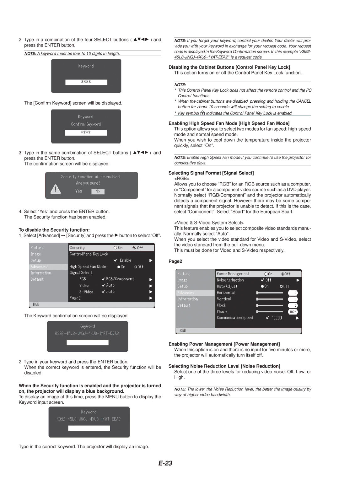 NEC VT46 user manual To disable the Security function, Enabling High Speed Fan Mode High Speed Fan Mode 