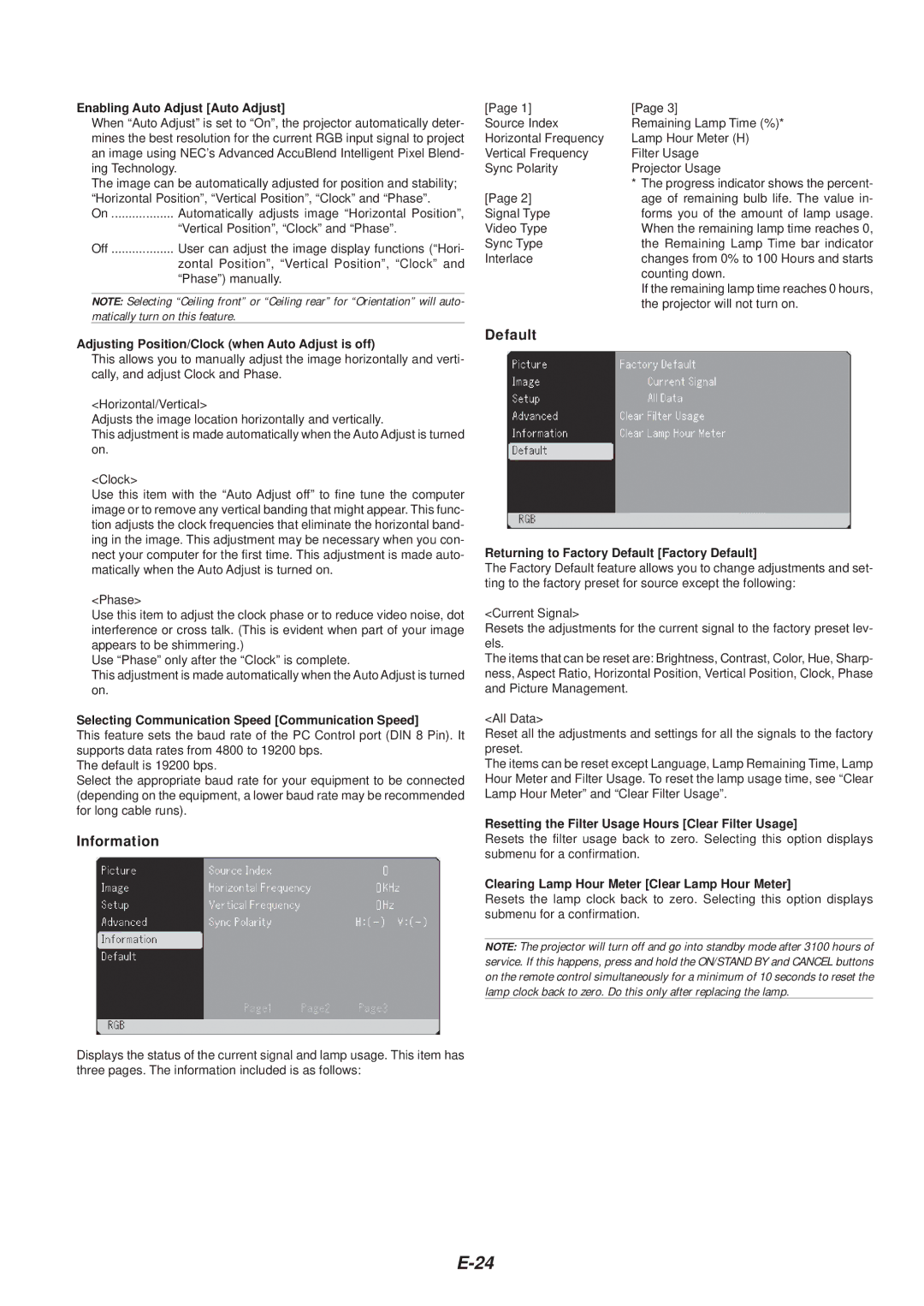 NEC VT46 user manual Information, Default 