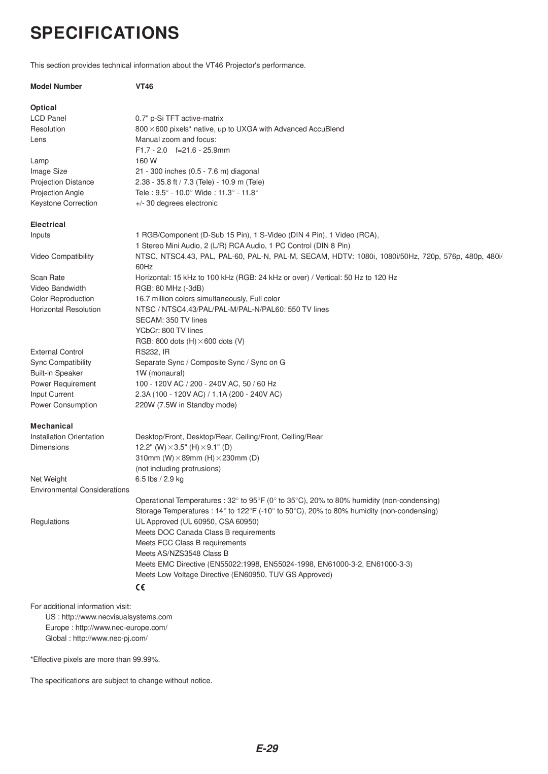 NEC user manual Specifications, Model Number VT46 Optical 