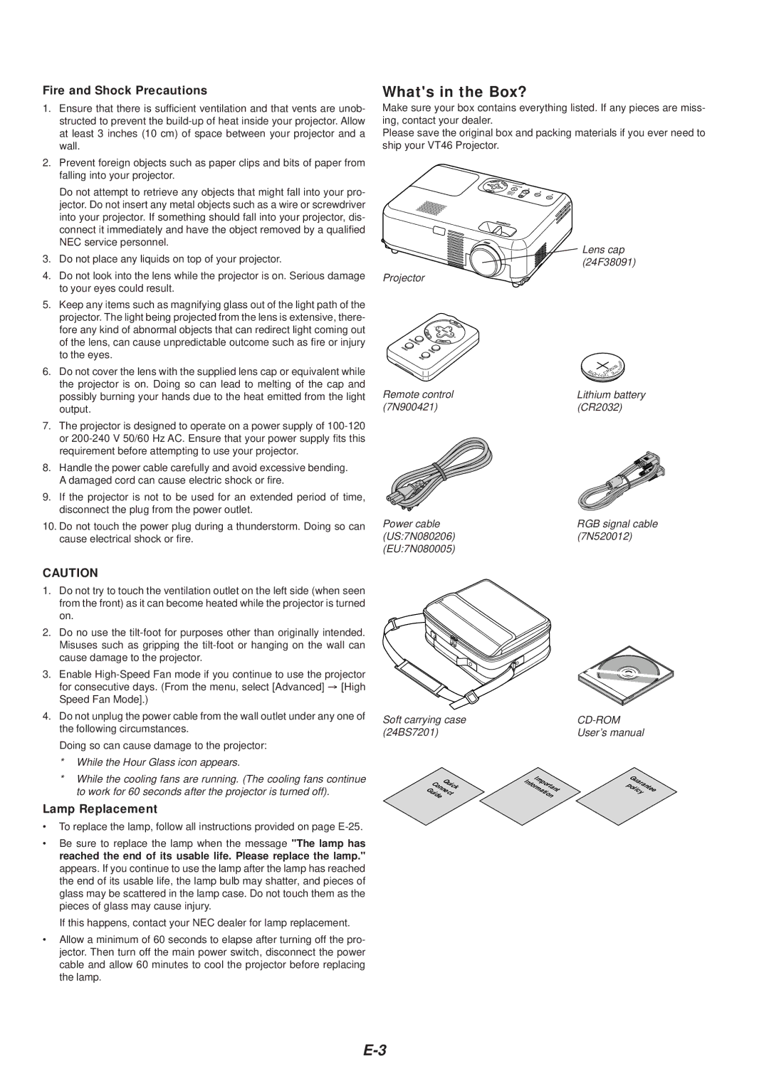 NEC VT46 user manual Whats in the Box?, Fire and Shock Precautions, Lamp Replacement 