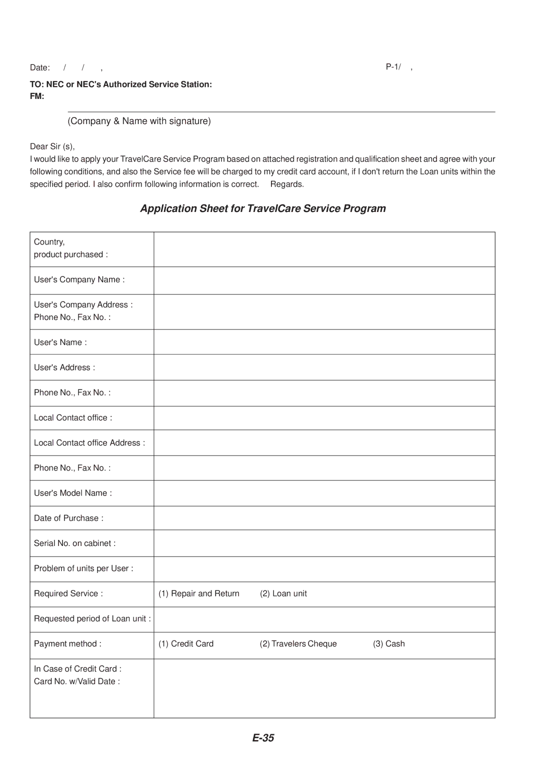 NEC VT46 user manual Application Sheet for TravelCare Service Program 