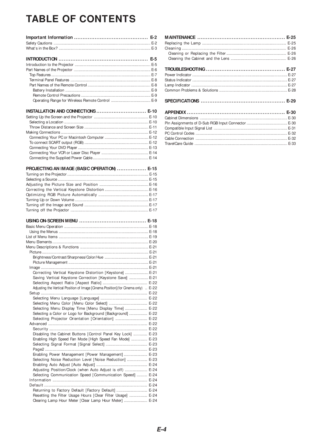 NEC VT46 user manual Table of Contents 