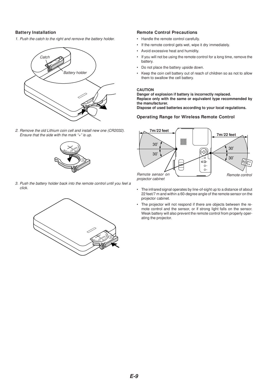 NEC VT46 user manual Battery Installation, Remote Control Precautions, Operating Range for Wireless Remote Control 