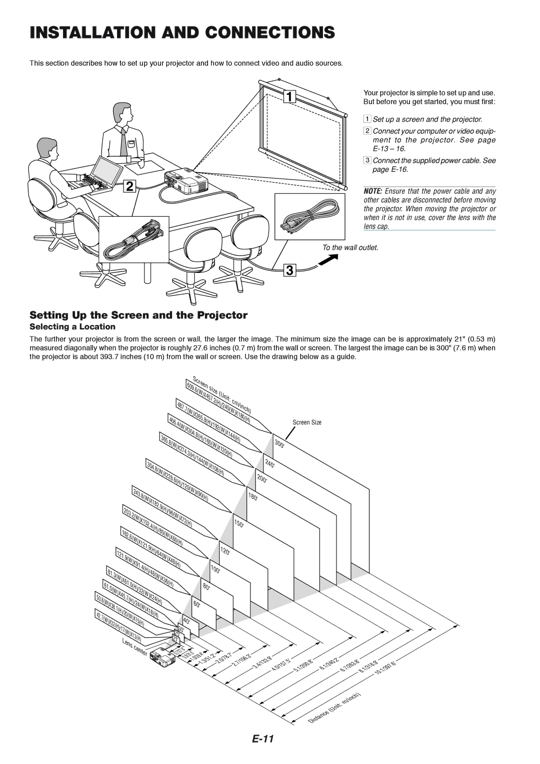 NEC VT465 manual Installation and Connections, Setting Up the Screen and the Projector, Selecting a Location 