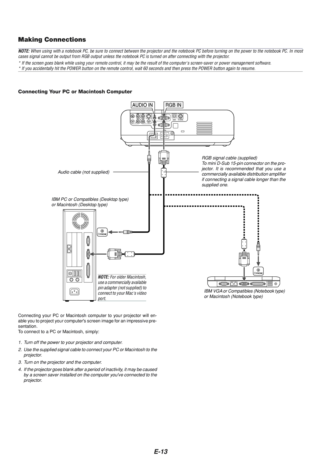 NEC VT465 manual Making Connections, Connecting Your PC or Macintosh Computer 