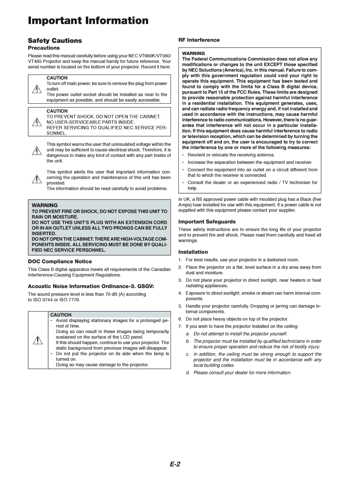 NEC VT465 manual Safety Cautions 