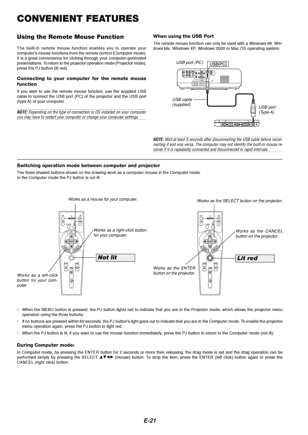 NEC VT465 manual Convenient Features, Using the Remote Mouse Function 