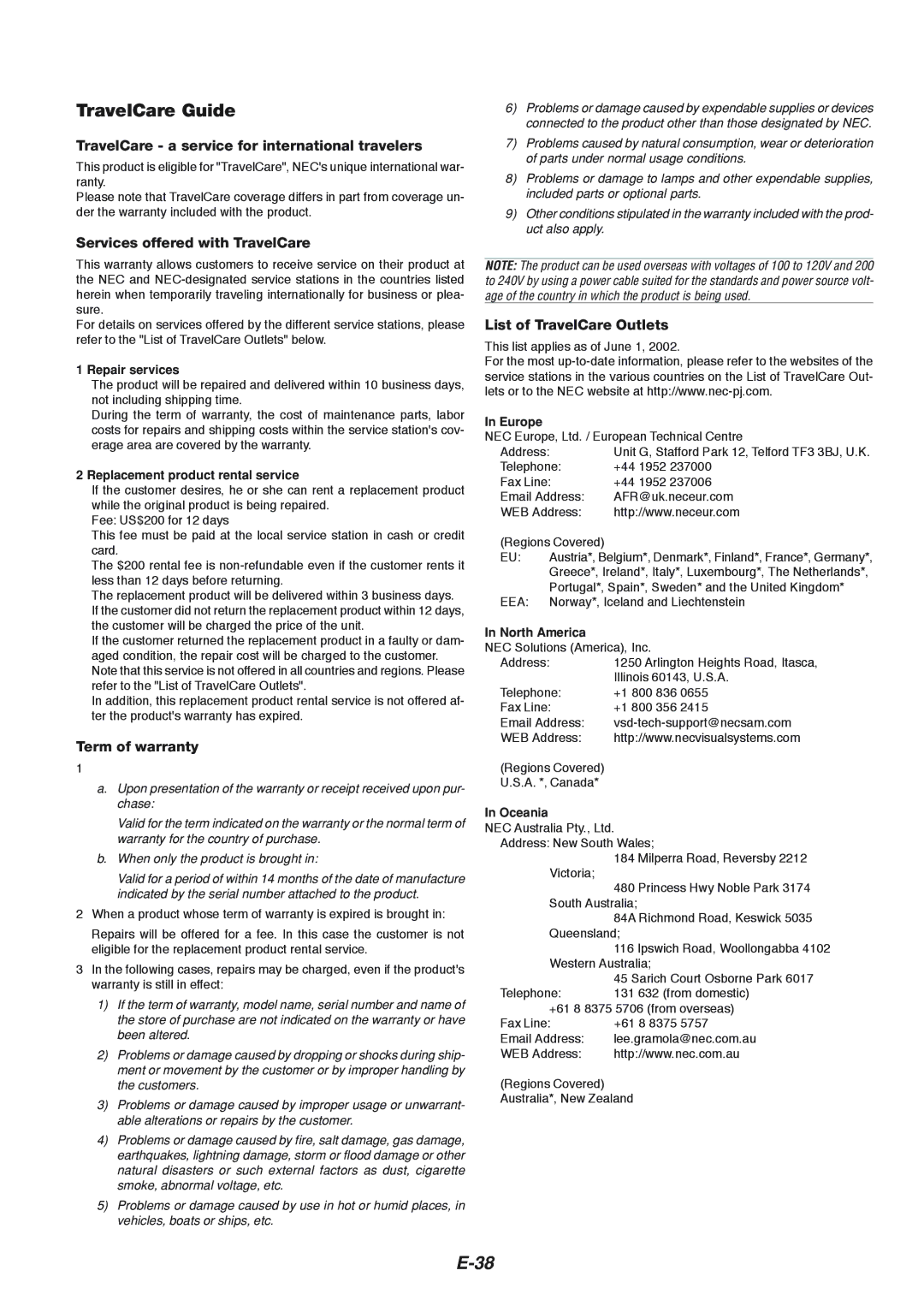 NEC VT465 manual TravelCare Guide, TravelCare a service for international travelers, Services offered with TravelCare 