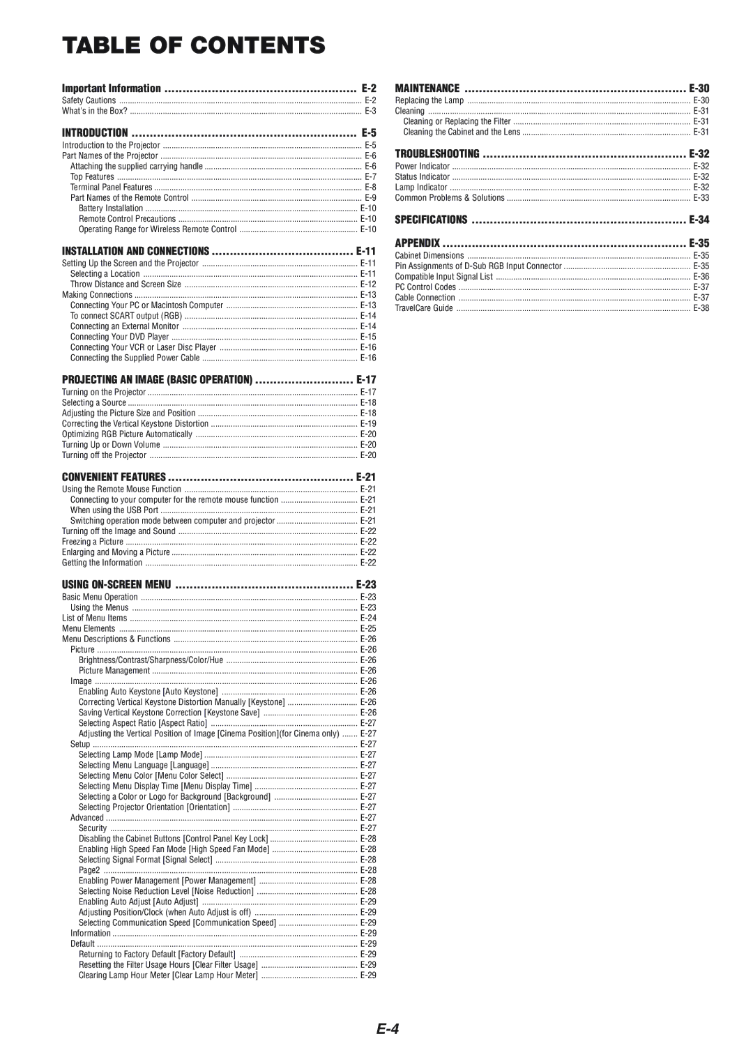 NEC VT465 manual Table of Contents 