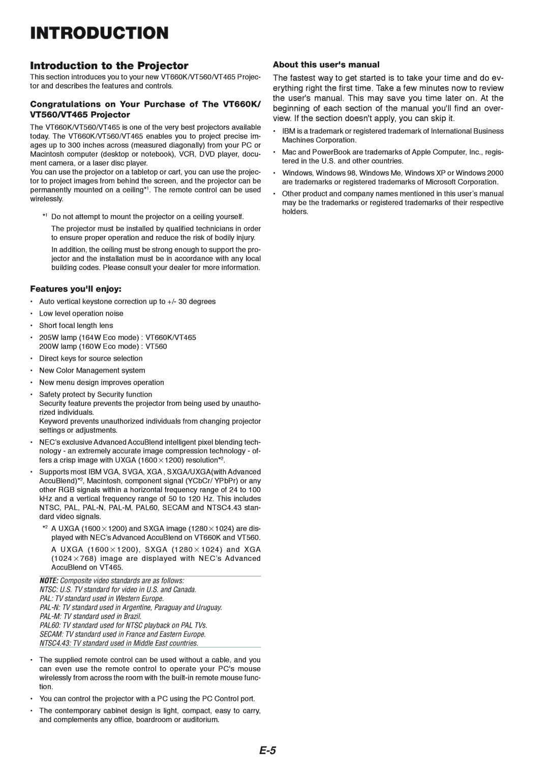 NEC VT465 manual Introduction to the Projector, Features youll enjoy 