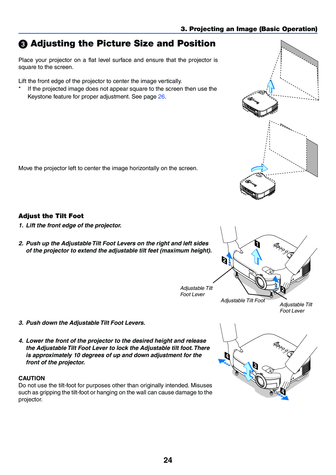 NEC VT470 manual Lift the front edge of the projector 