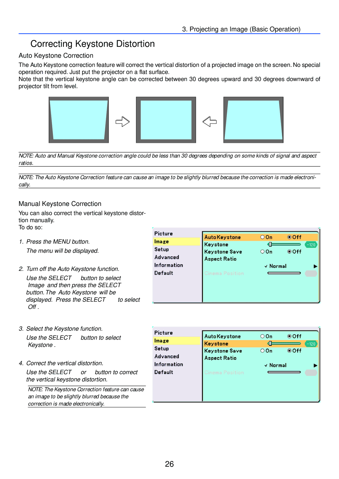 NEC VT470 manual Correcting Keystone Distortion, Auto Keystone Correction, Manual Keystone Correction 