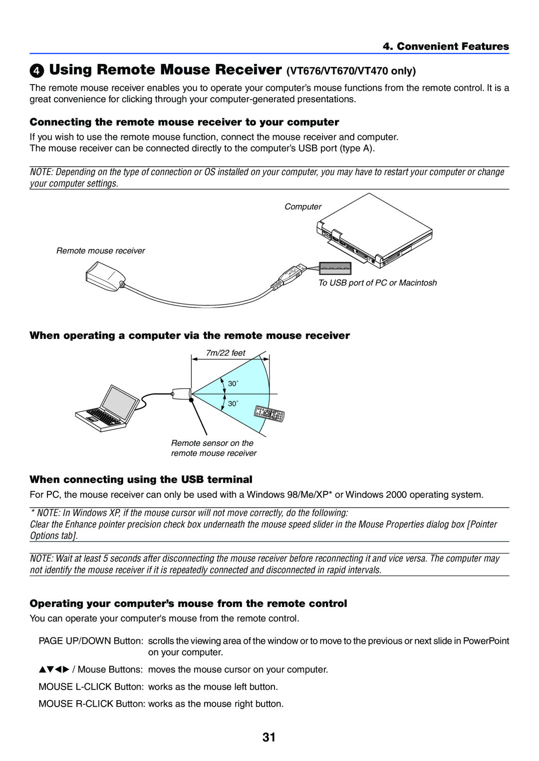 NEC manual Using Remote Mouse Receiver VT676/VT670/VT470 only 