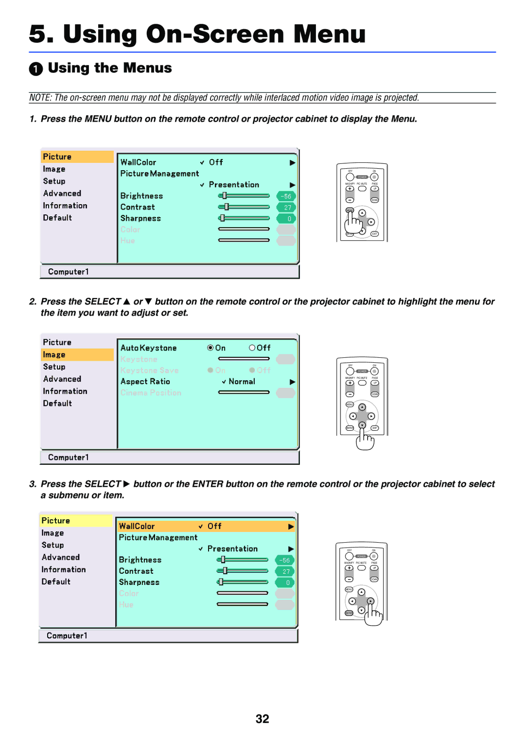 NEC VT470 manual Using On-Screen Menu, Using the Menus 