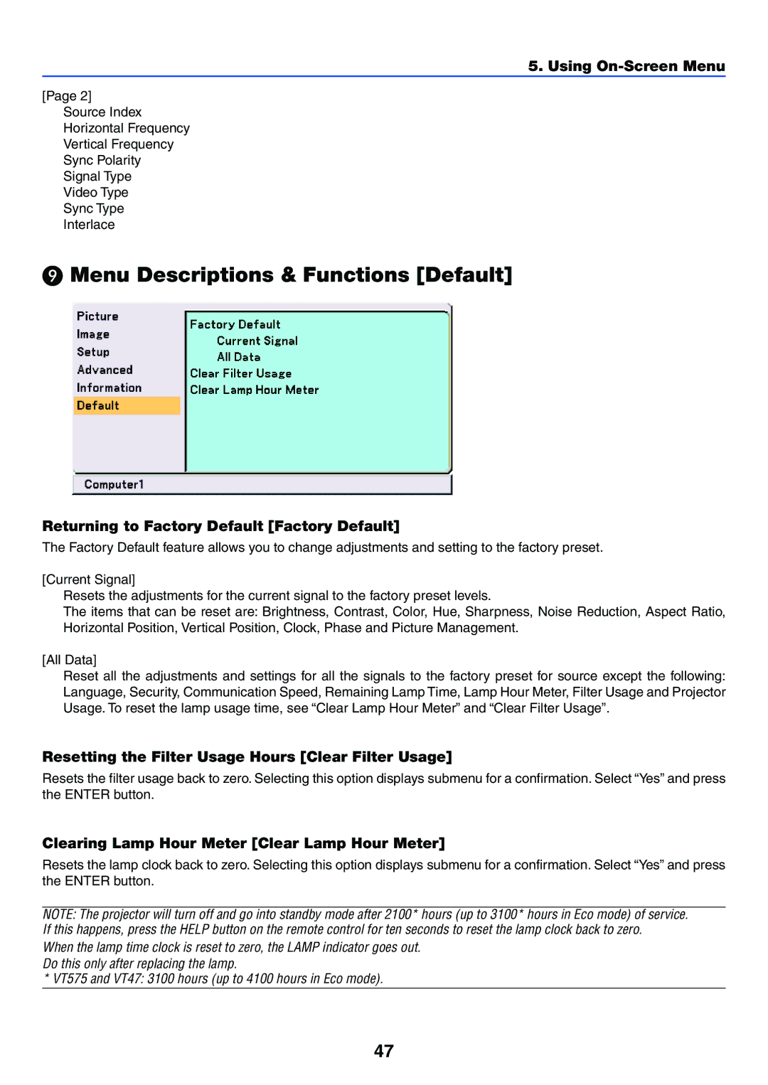 NEC VT470 manual Menu Descriptions & Functions Default, Returning to Factory Default Factory Default 