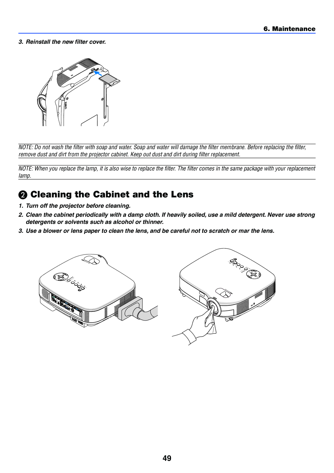 NEC VT470 manual Cleaning the Cabinet and the Lens, Maintenance 