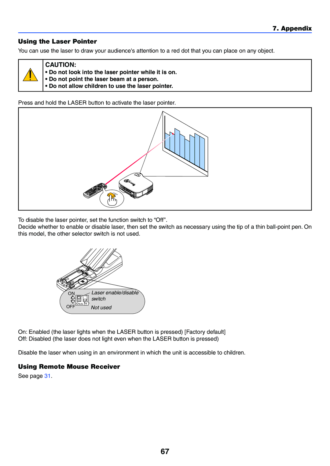 NEC VT470 manual Appendix Using the Laser Pointer, Using Remote Mouse Receiver 