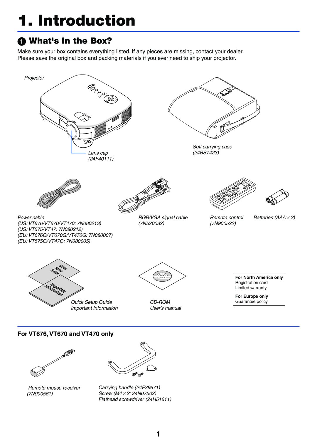 NEC manual Whats in the Box?, For VT676, VT670 and VT470 only 