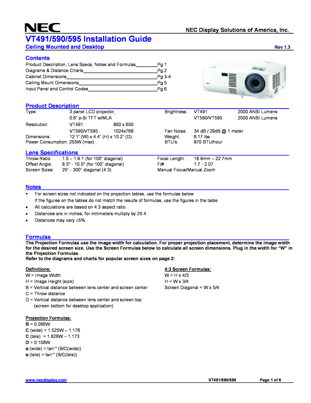 NEC specifications VT491/590/595 Installation Guide, NEC Display Solutions of America, Inc, Ceiling Mounted and Desktop 