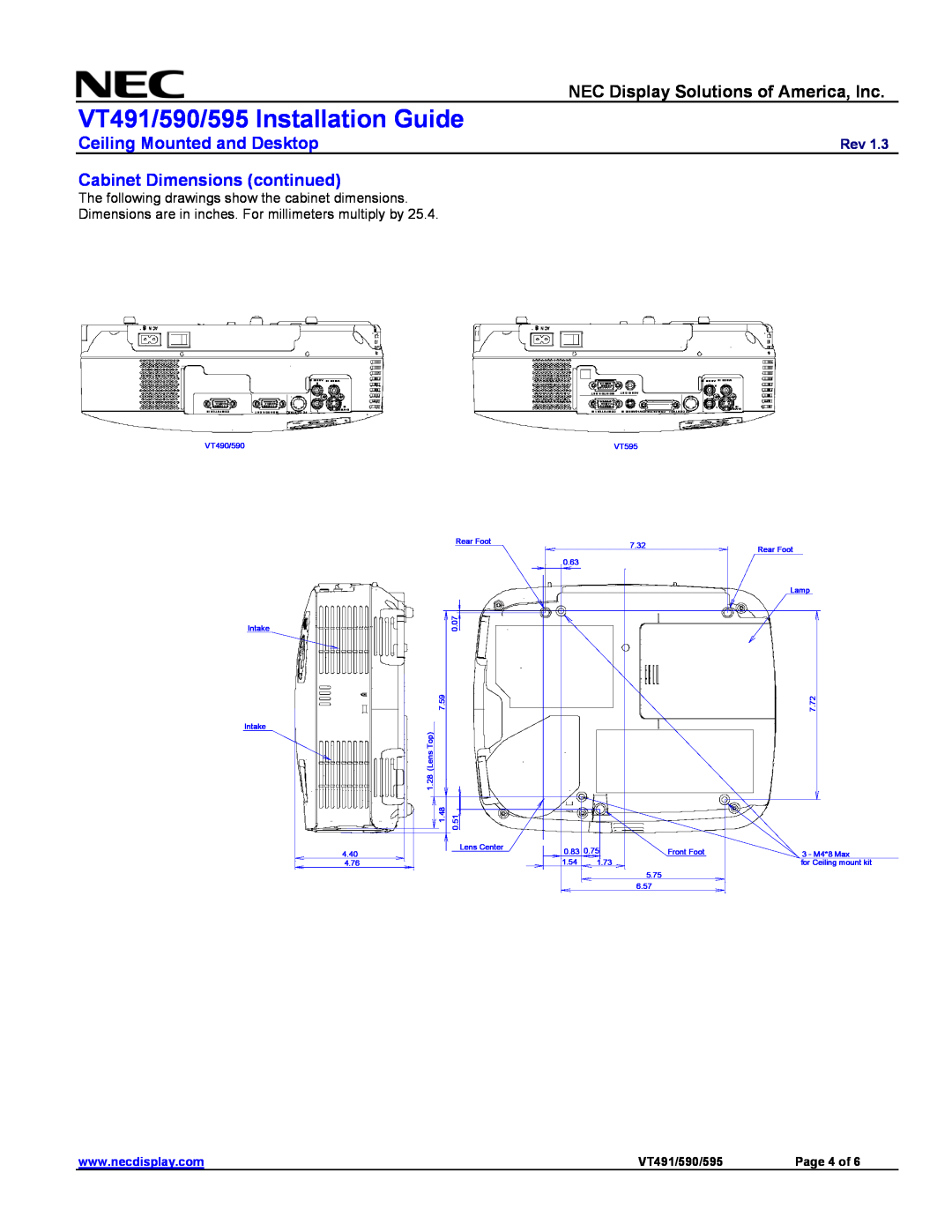 NEC Cabinet Dimensions continued, VT491/590/595 Installation Guide, NEC Display Solutions of America, Inc, Page 4 of 