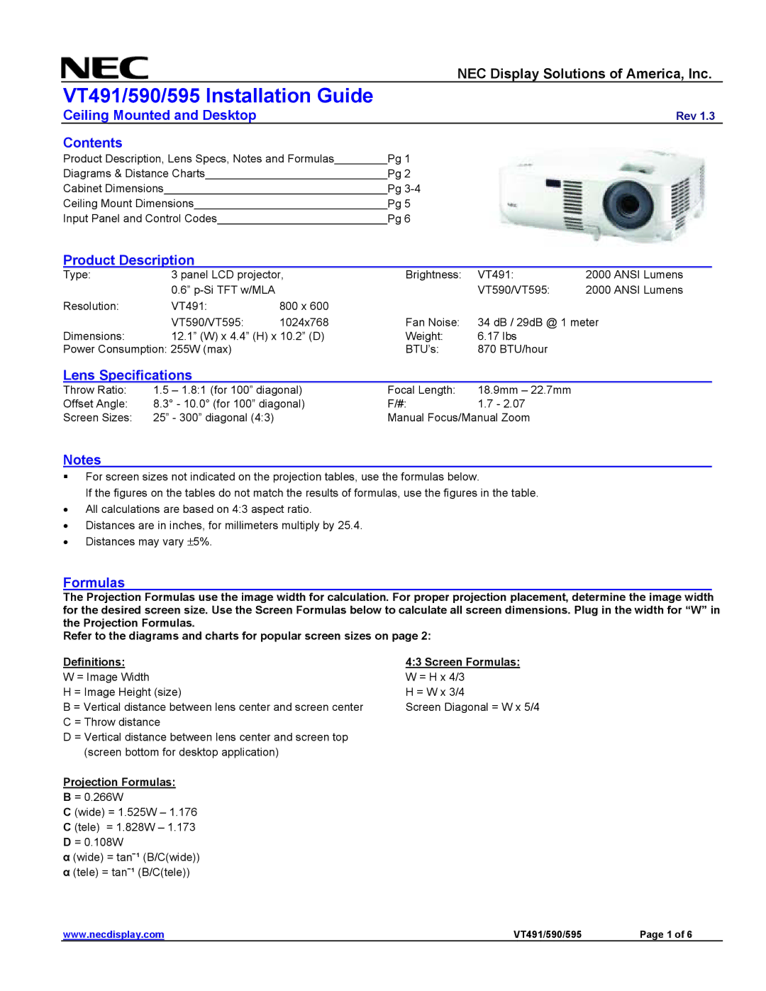 NEC VT491 specifications Ceiling Mounted and Desktop, Contents, Product Description, Lens Specifications, Formulas 