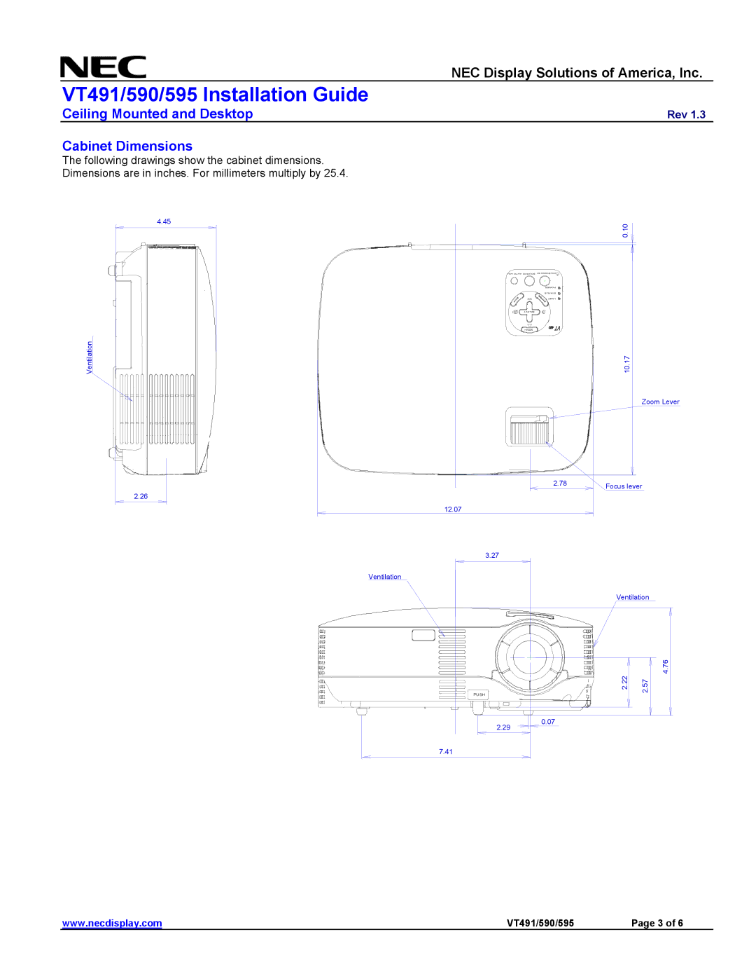 NEC VT491 specifications Cabinet Dimensions 