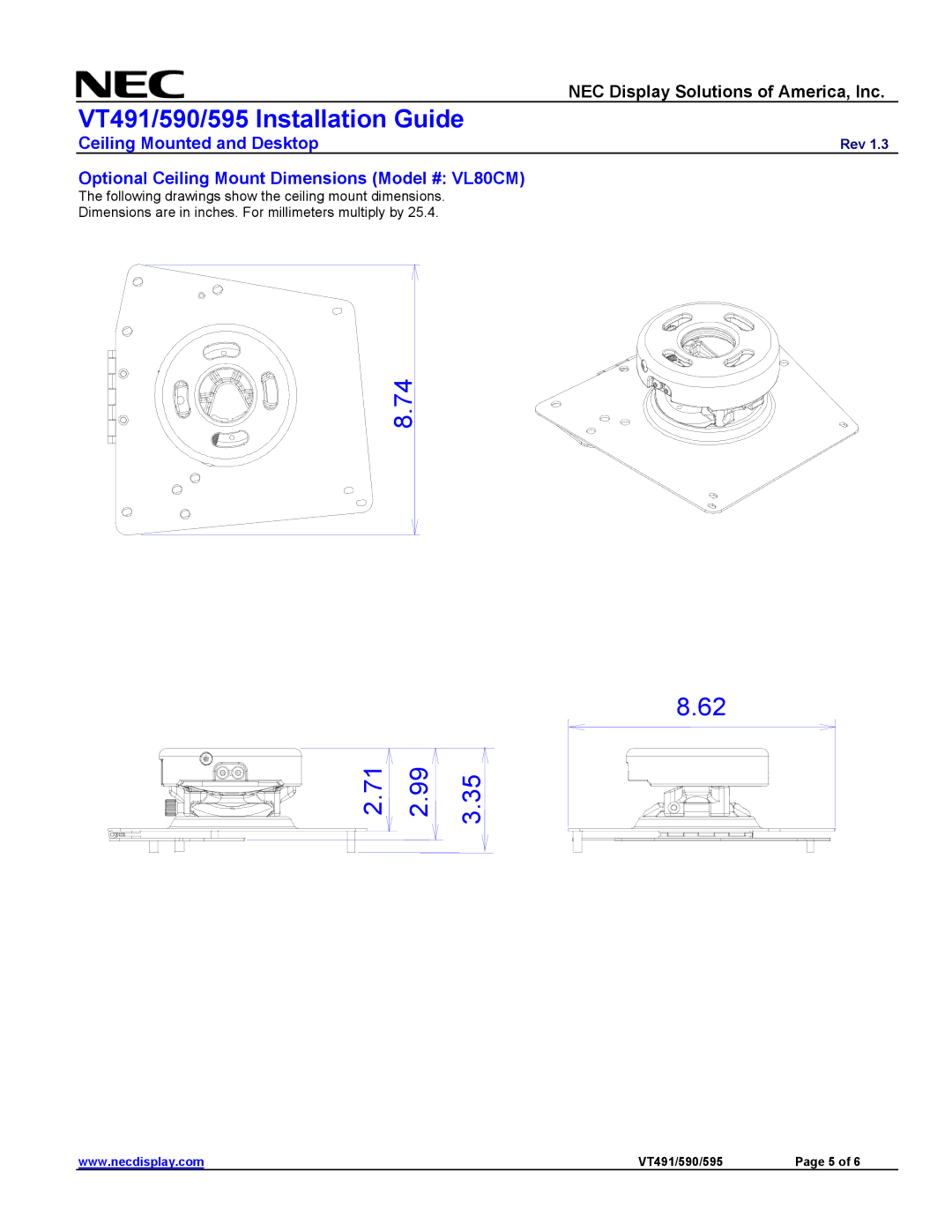 NEC VT491 specifications Optional Ceiling Mount Dimensions Model # VL80CM 