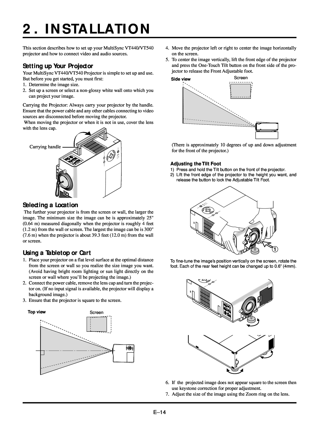 NEC VT440, VT540 user manual Installation, Setting up Your Projector, Selecting a Location, Using a Tabletop or Cart 