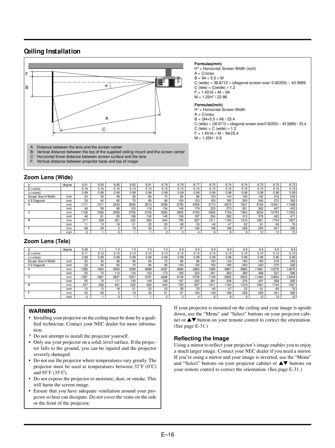 NEC VT440, VT540 user manual Ceiling Installation, Reflecting the Image 