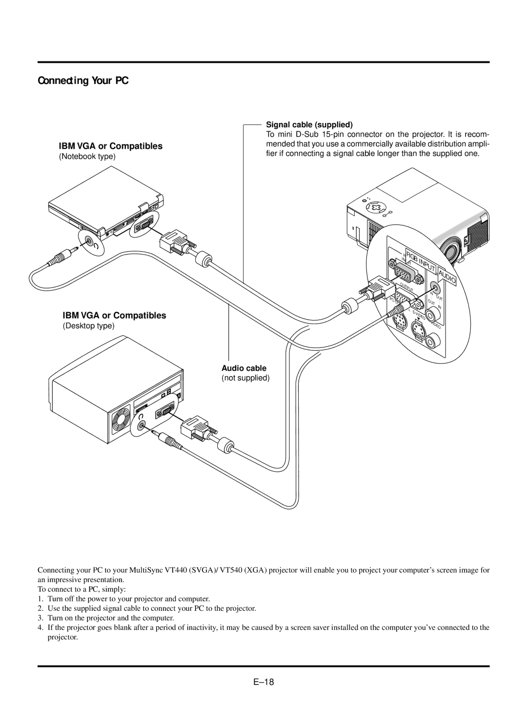 NEC VT440, VT540 user manual Connecting Your PC, IBM VGA or Compatibles, Signal cable supplied, Audio cable 