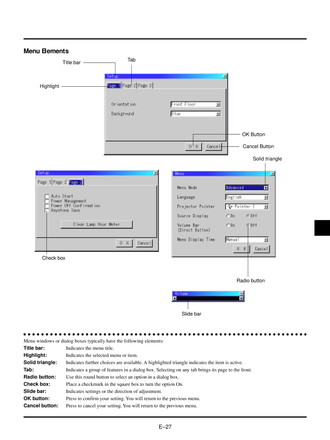 NEC VT540, VT440 user manual Menu Elements 