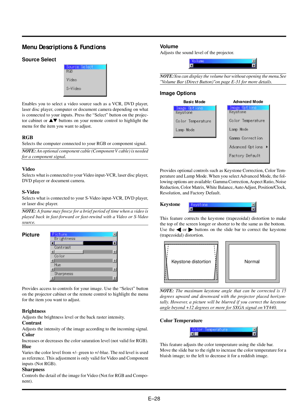 NEC VT440, VT540 user manual Menu Descriptions & Functions, Source Select, Picture, Volume, Image Options 