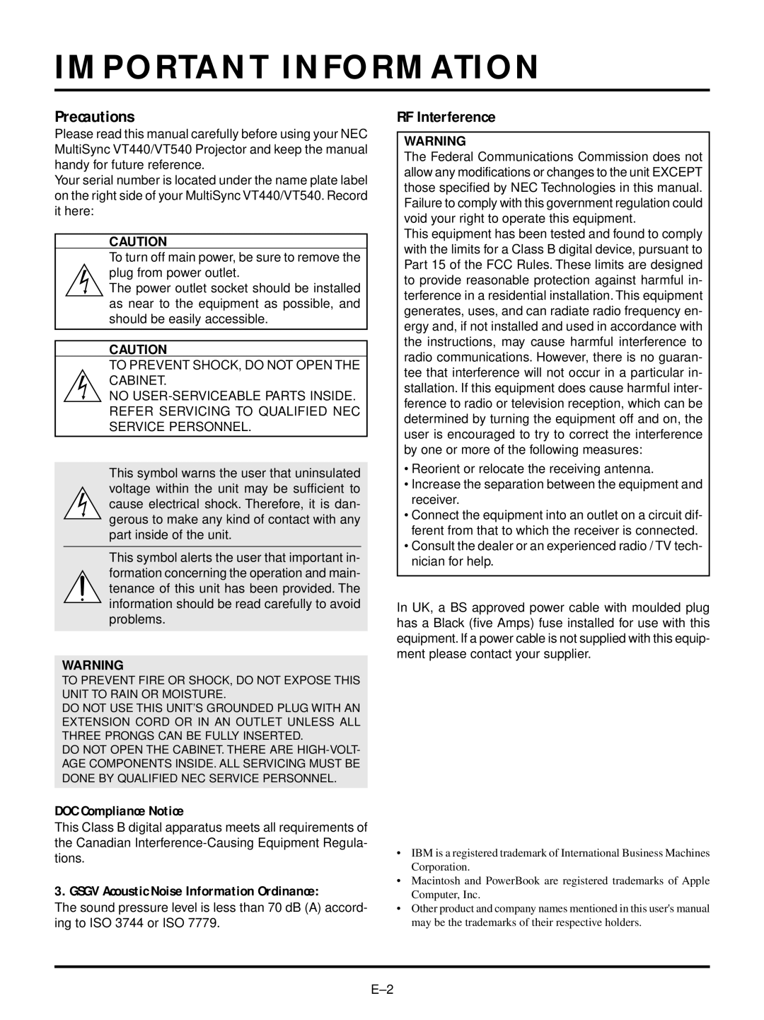 NEC VT440, VT540 user manual Important Information, Precautions 