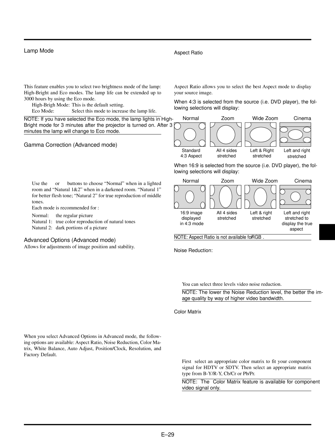 NEC VT540, VT440 user manual Lamp Mode, Gamma Correction Advanced mode, Advanced Options Advanced mode 