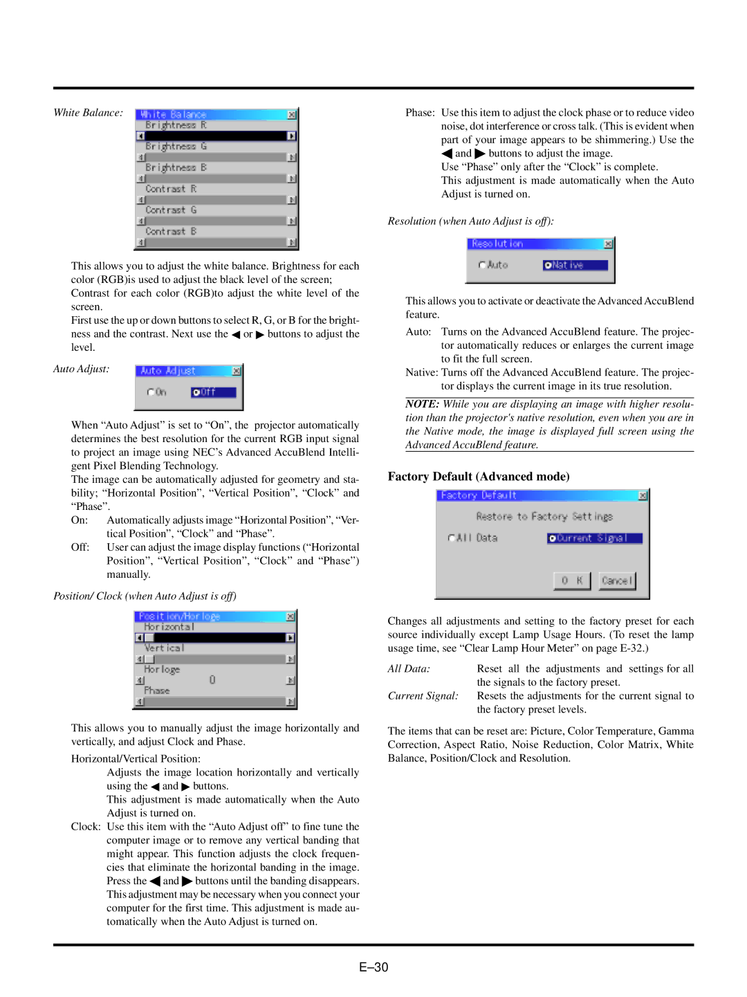 NEC VT440, VT540 user manual Factory Default Advanced mode, White Balance 