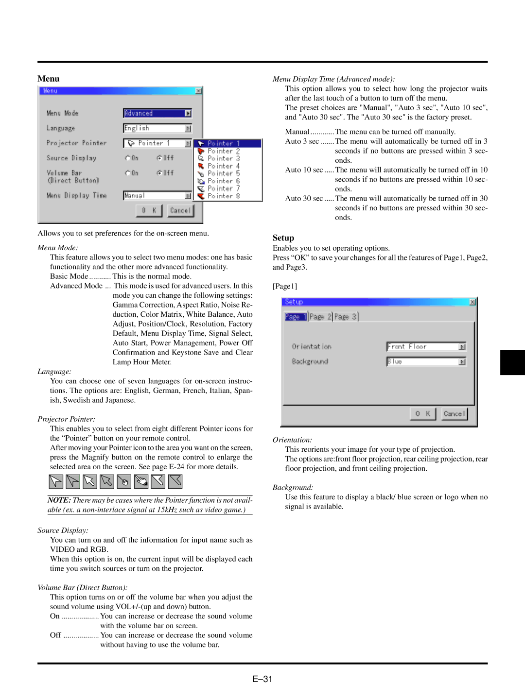 NEC VT540, VT440 user manual Menu, Setup 