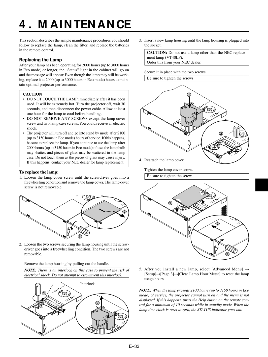 NEC VT540, VT440 user manual Maintenance, Replacing the Lamp, To replace the lamp 