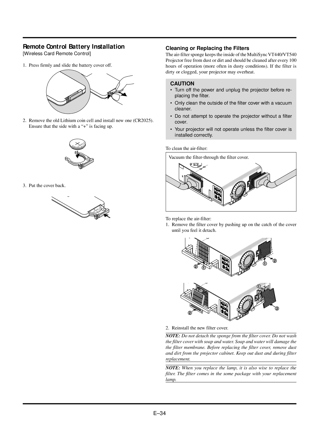 NEC VT440, VT540 user manual Remote Control Battery Installation, Cleaning or Replacing the Filters 