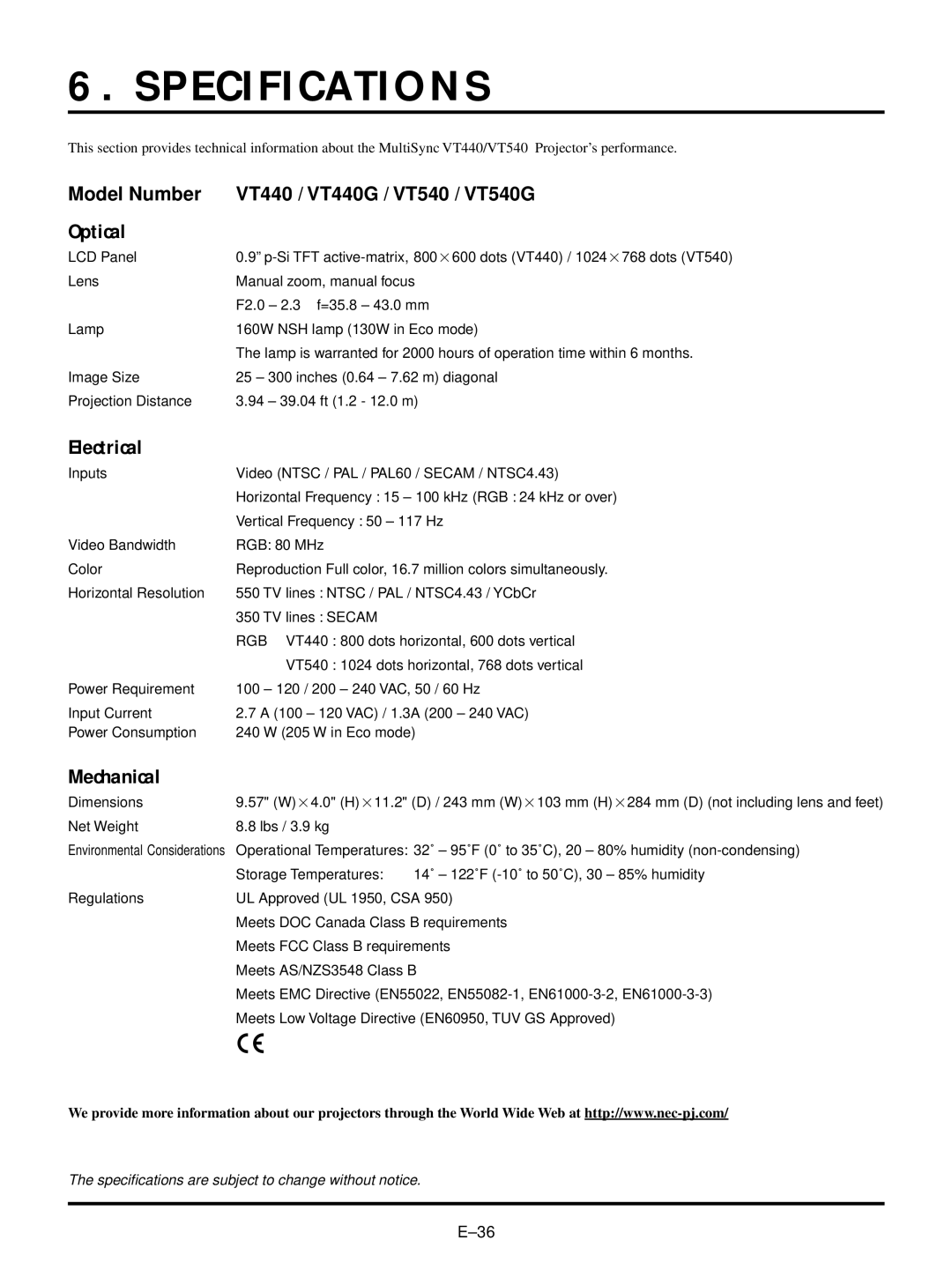 NEC VT440, VT540 user manual Specifications, Electrical, Mechanical 